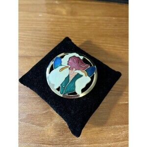 Vintage Cloisonne Floral Brooch Gold Tone Metal Multicolored Lily Flower